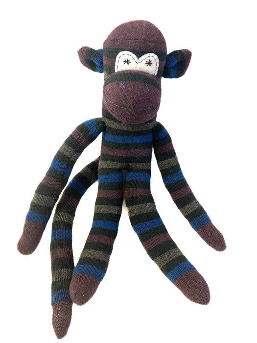 Sock Monkey w Blue, Grey & Plum Stripe